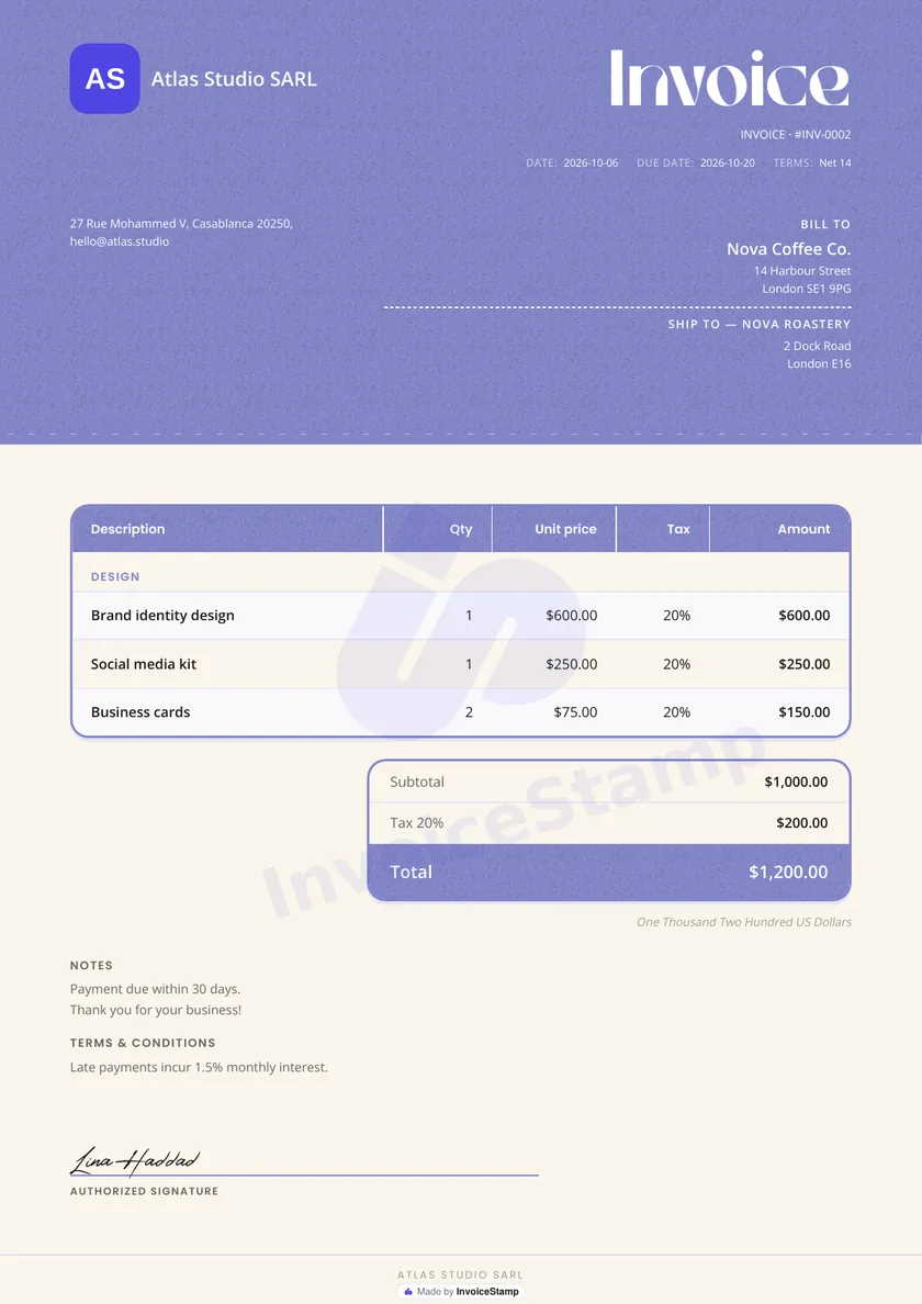 The Lavender invoice template